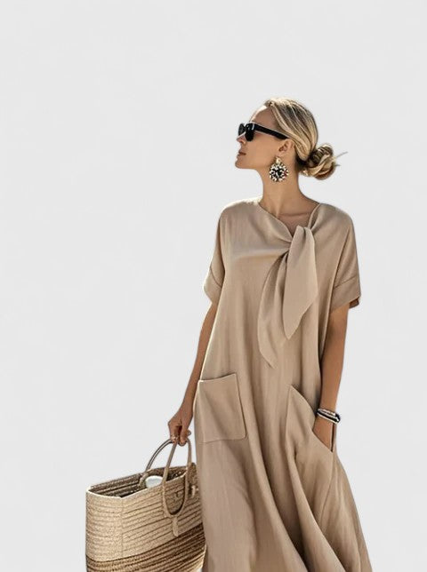 Ivy | Dames Losvallende Midi Jurk met Zakken en Strikhals