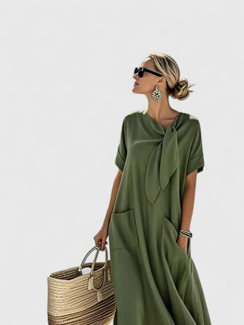 Ivy | Dames Losvallende Midi Jurk met Zakken en Strikhals