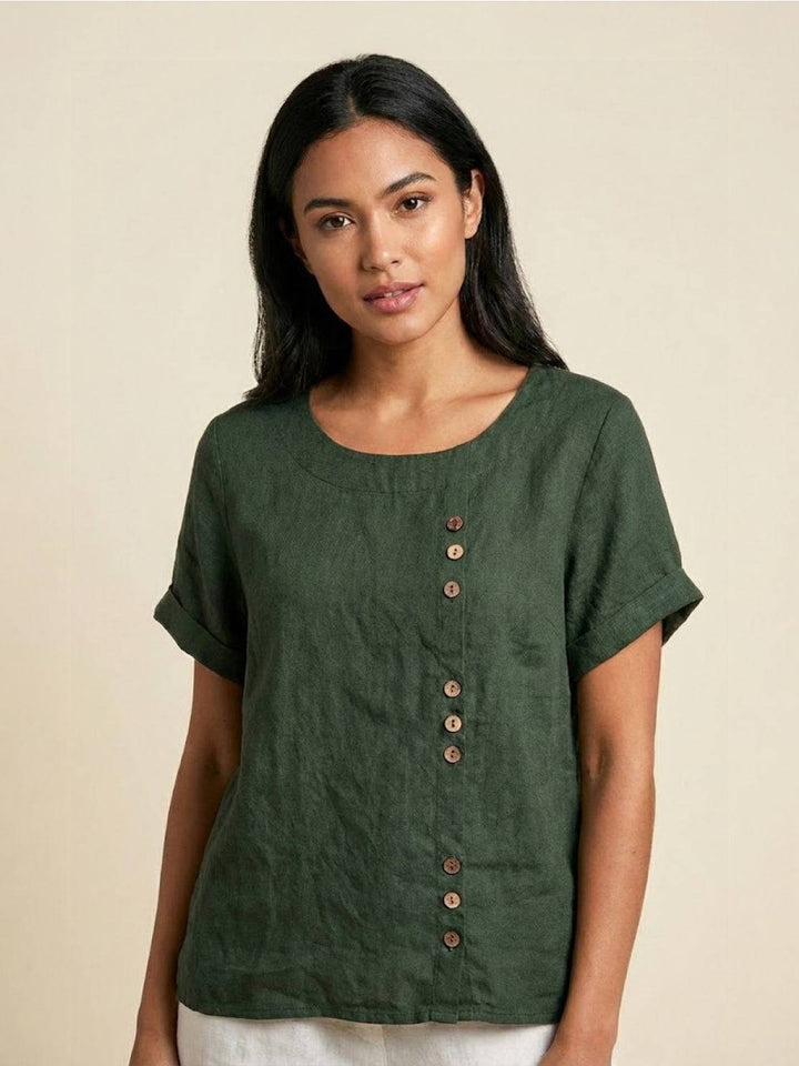 Amelia | Dames Linnen Blouse Met Ronde Hals En Knoopsluiting