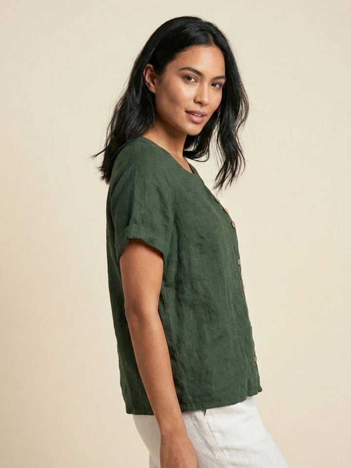 Amelia | Dames Linnen Blouse Met Ronde Hals En Knoopsluiting