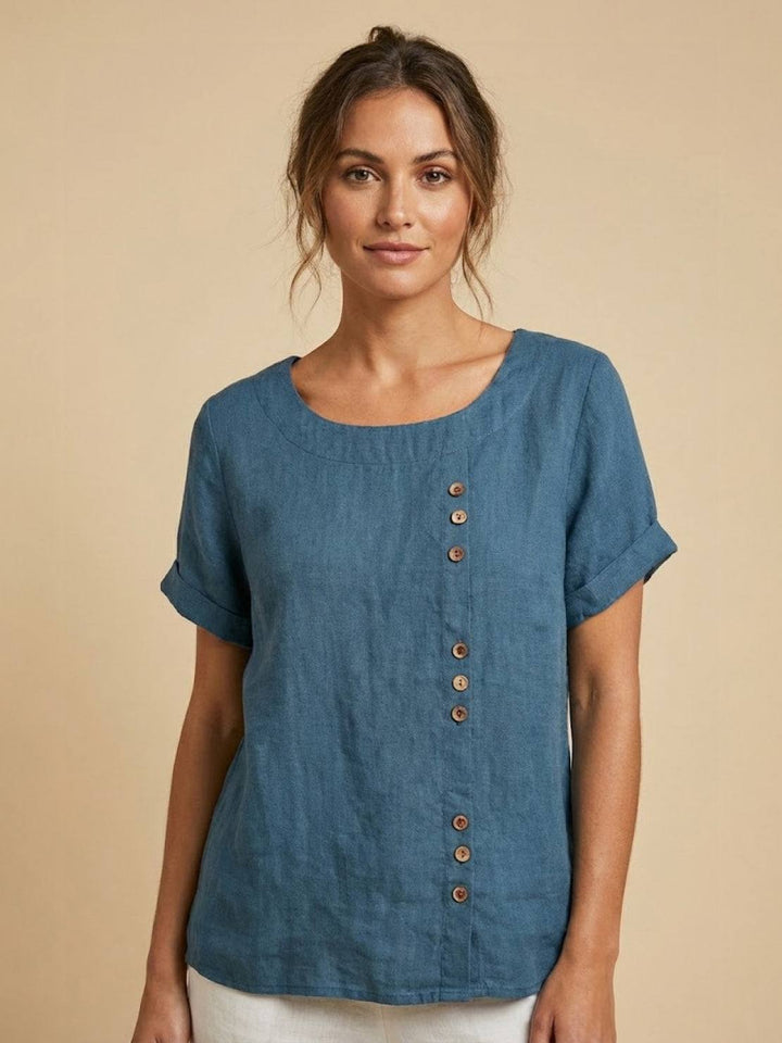 Amelia | Dames Linnen Blouse Met Ronde Hals En Knoopsluiting
