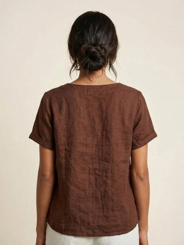 Amelia | Dames Linnen Blouse Met Ronde Hals En Knoopsluiting