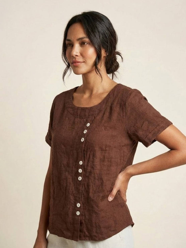 Amelia | Dames Linnen Blouse Met Ronde Hals En Knoopsluiting