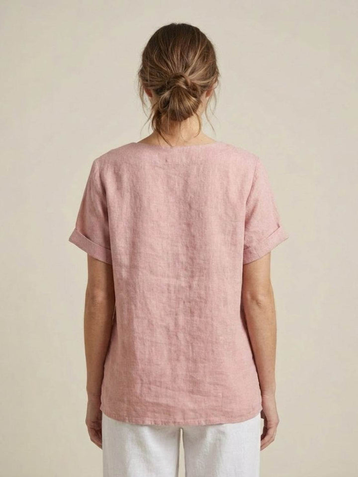 Amelia | Dames Linnen Blouse Met Ronde Hals En Knoopsluiting