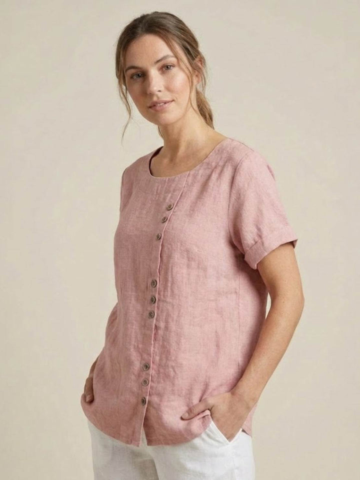Amelia | Dames Linnen Blouse Met Ronde Hals En Knoopsluiting