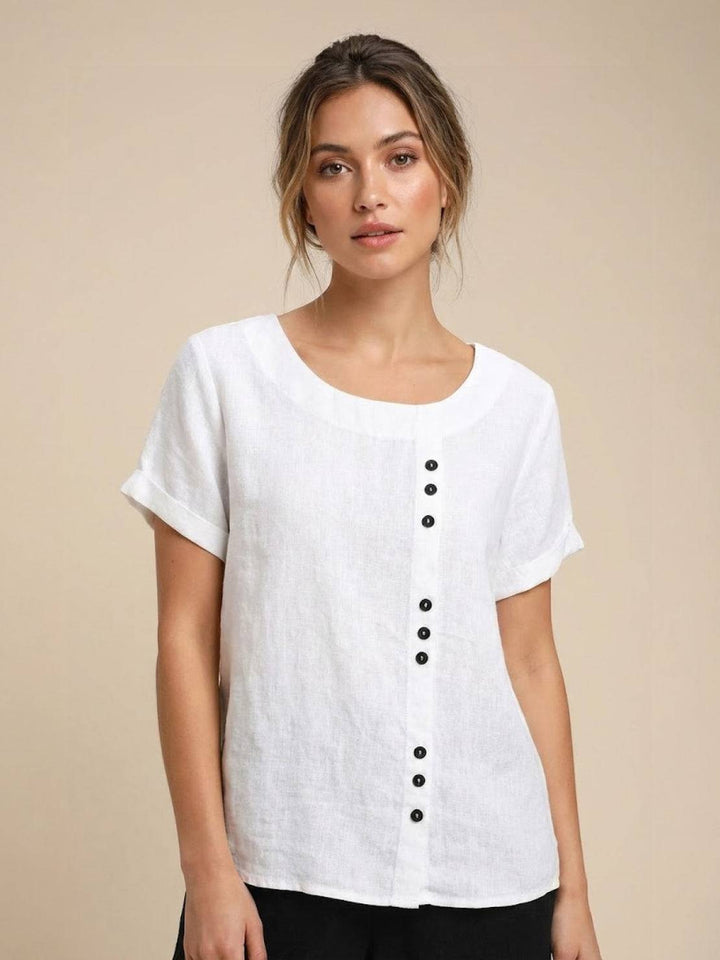 Amelia | Dames Linnen Blouse Met Ronde Hals En Knoopsluiting