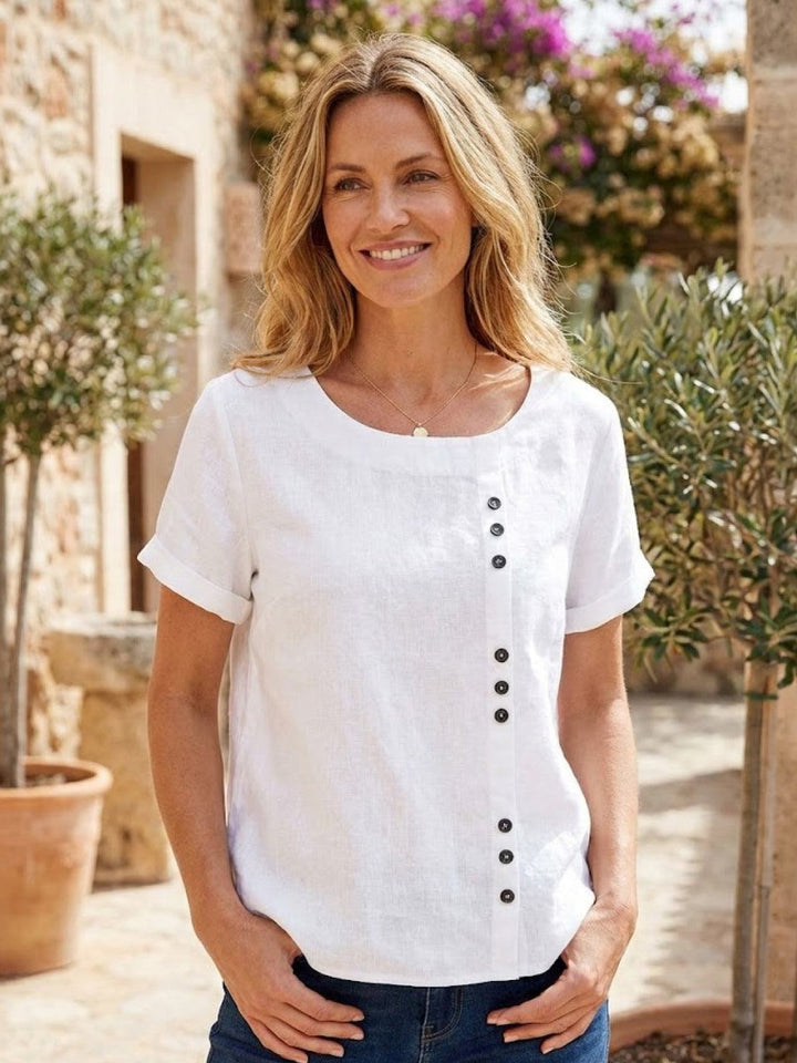 Amelia | Dames Linnen Blouse Met Ronde Hals En Knoopsluiting