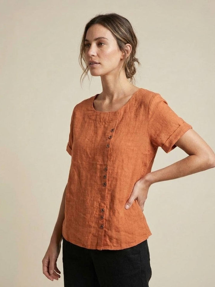 Amelia | Dames Linnen Blouse Met Ronde Hals En Knoopsluiting