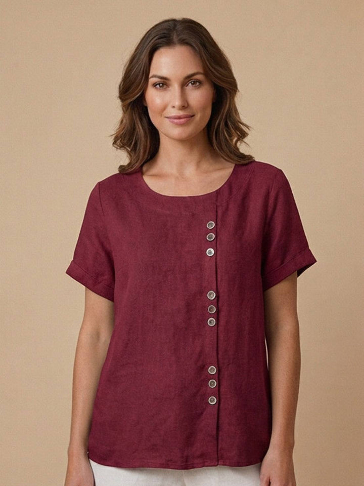 Amelia | Dames Linnen Blouse Met Ronde Hals En Knoopsluiting