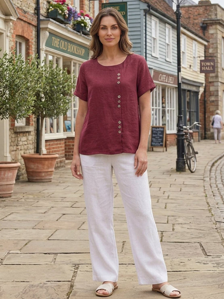 Amelia | Dames Linnen Blouse Met Ronde Hals En Knoopsluiting