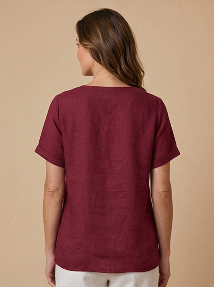 Amelia | Dames Linnen Blouse Met Ronde Hals En Knoopsluiting