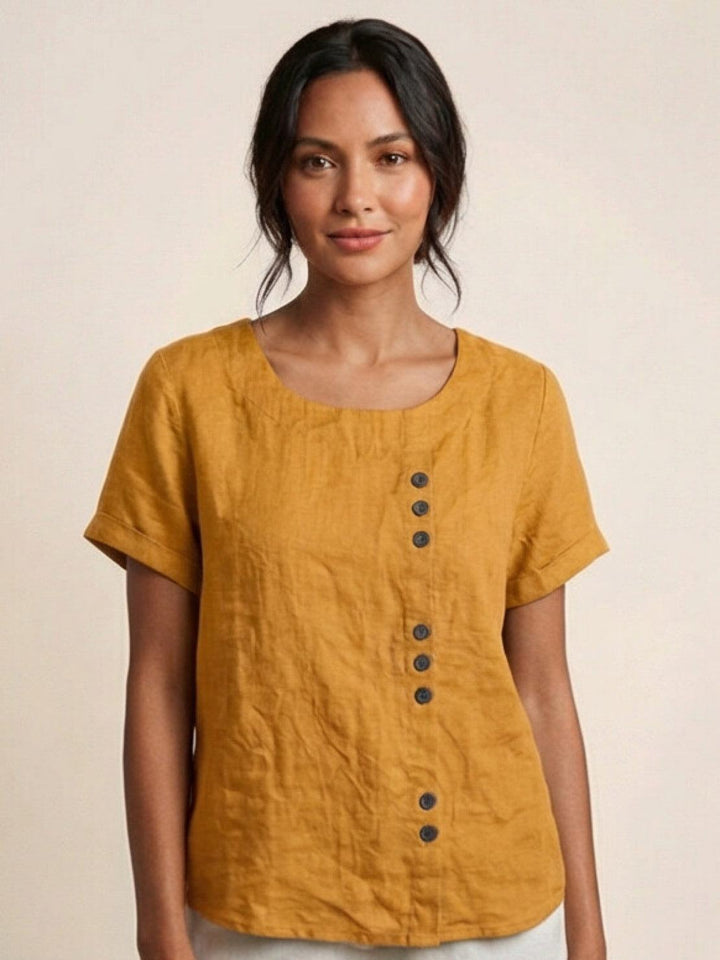 Amelia | Dames Linnen Blouse Met Ronde Hals En Knoopsluiting