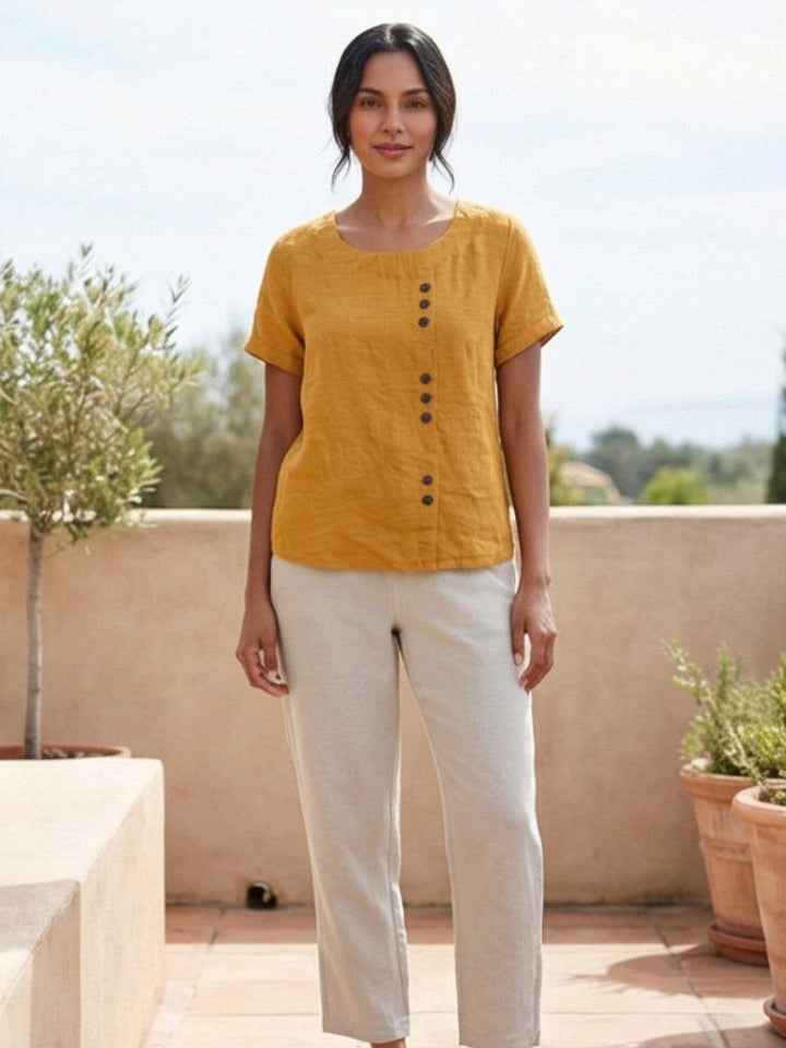 Amelia | Dames Linnen Blouse Met Ronde Hals En Knoopsluiting