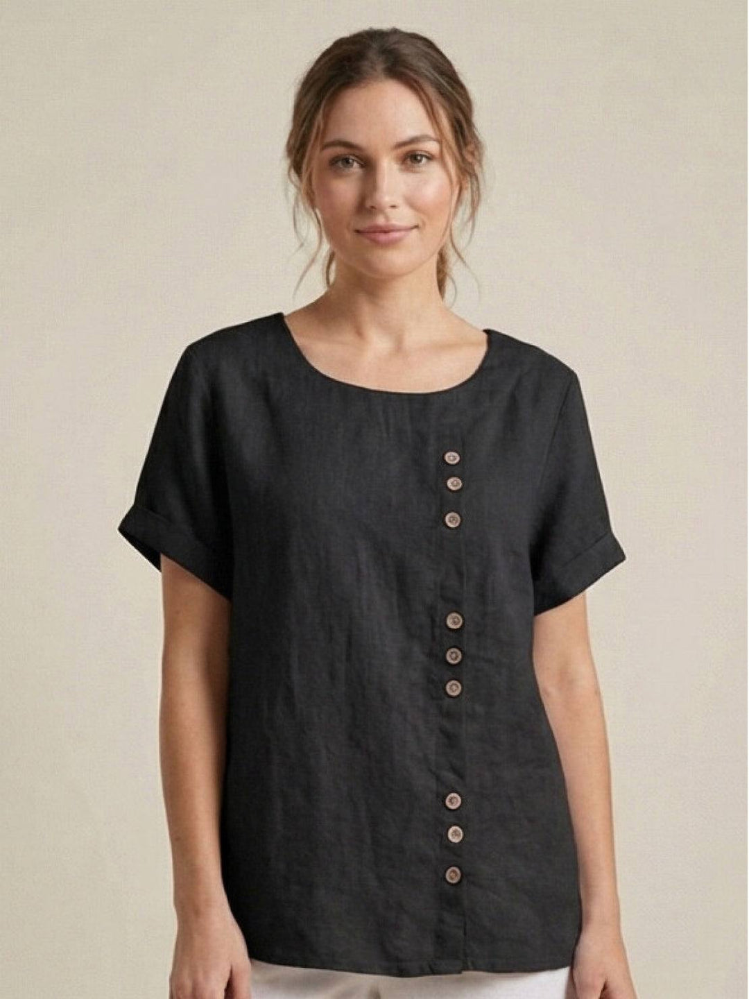 Amelia | Dames Linnen Blouse Met Ronde Hals En Knoopsluiting