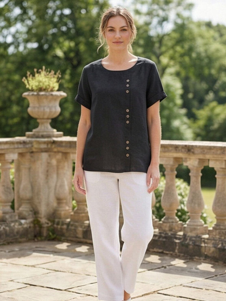 Amelia | Dames Linnen Blouse Met Ronde Hals En Knoopsluiting