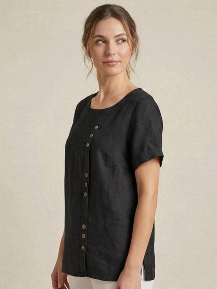 Amelia | Dames Linnen Blouse Met Ronde Hals En Knoopsluiting