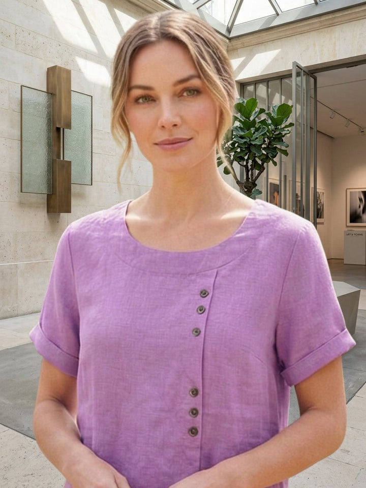 Amelia | Dames Linnen Blouse Met Ronde Hals En Knoopsluiting