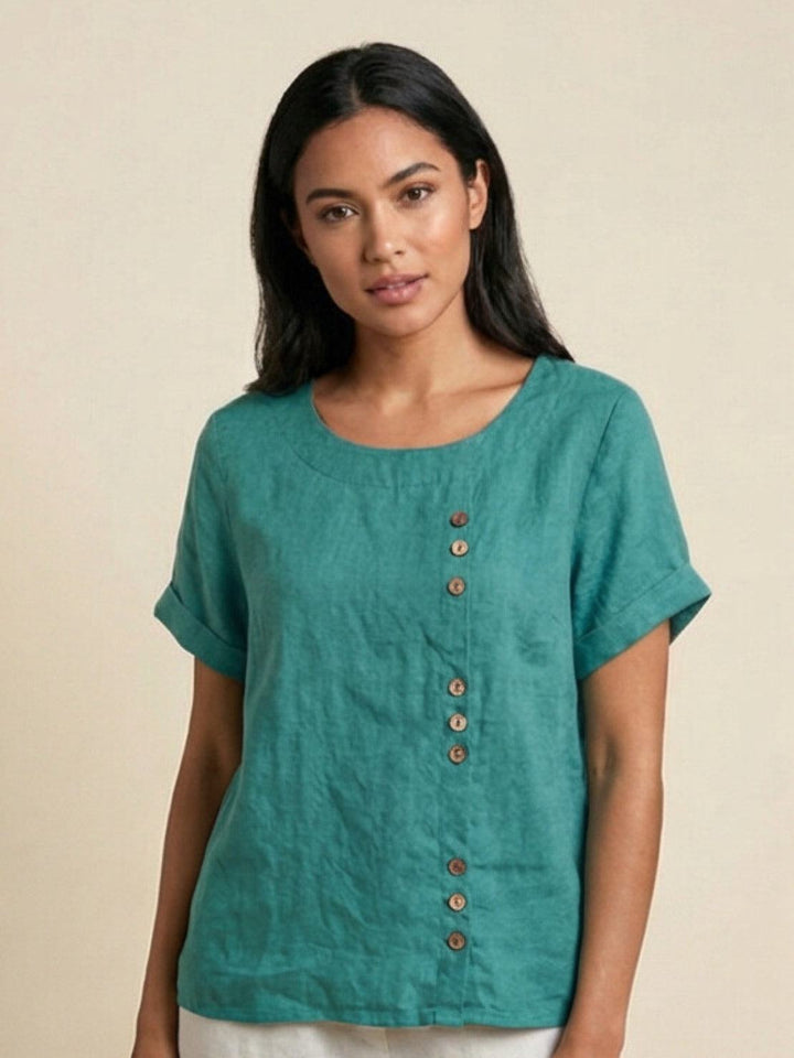 Amelia | Dames Linnen Blouse Met Ronde Hals En Knoopsluiting
