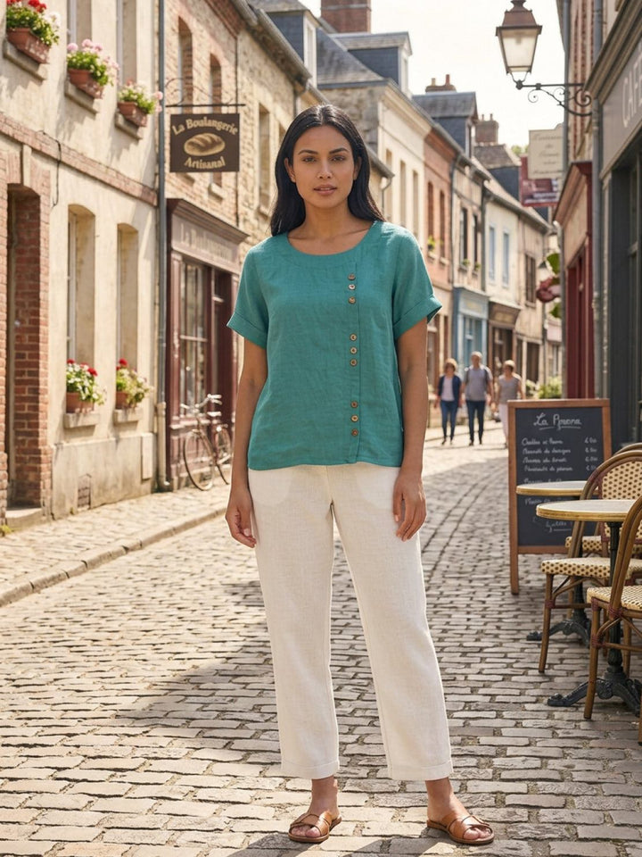 Amelia | Dames Linnen Blouse Met Ronde Hals En Knoopsluiting