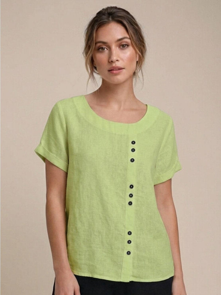 Amelia | Dames Linnen Blouse Met Ronde Hals En Knoopsluiting