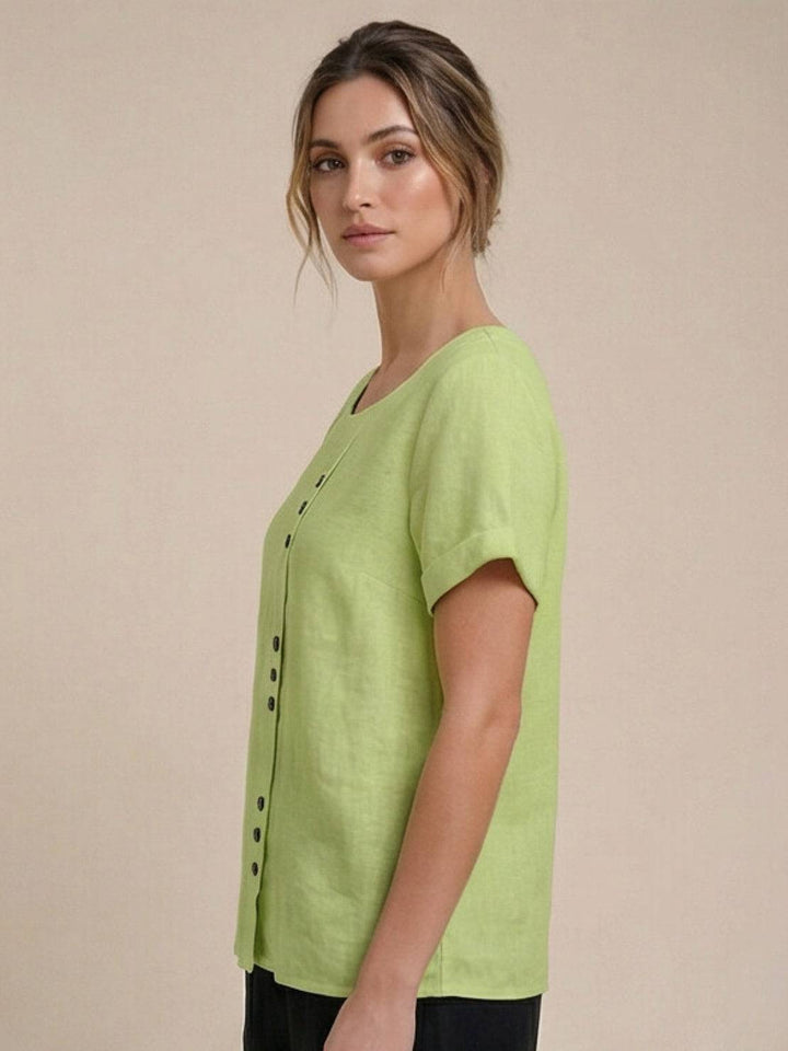 Amelia | Dames Linnen Blouse Met Ronde Hals En Knoopsluiting