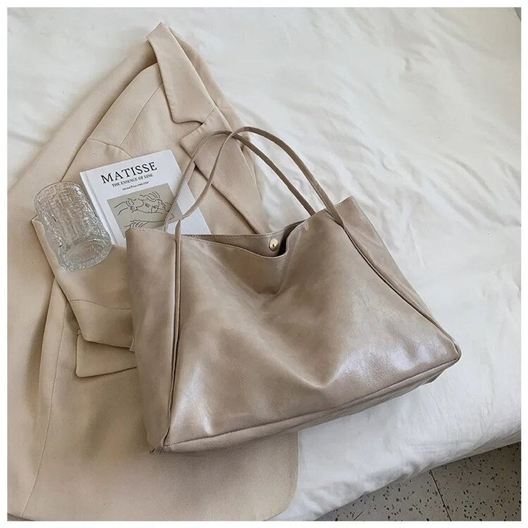 Retro PU-leren ruime tote bag dames schoudertas - Beige