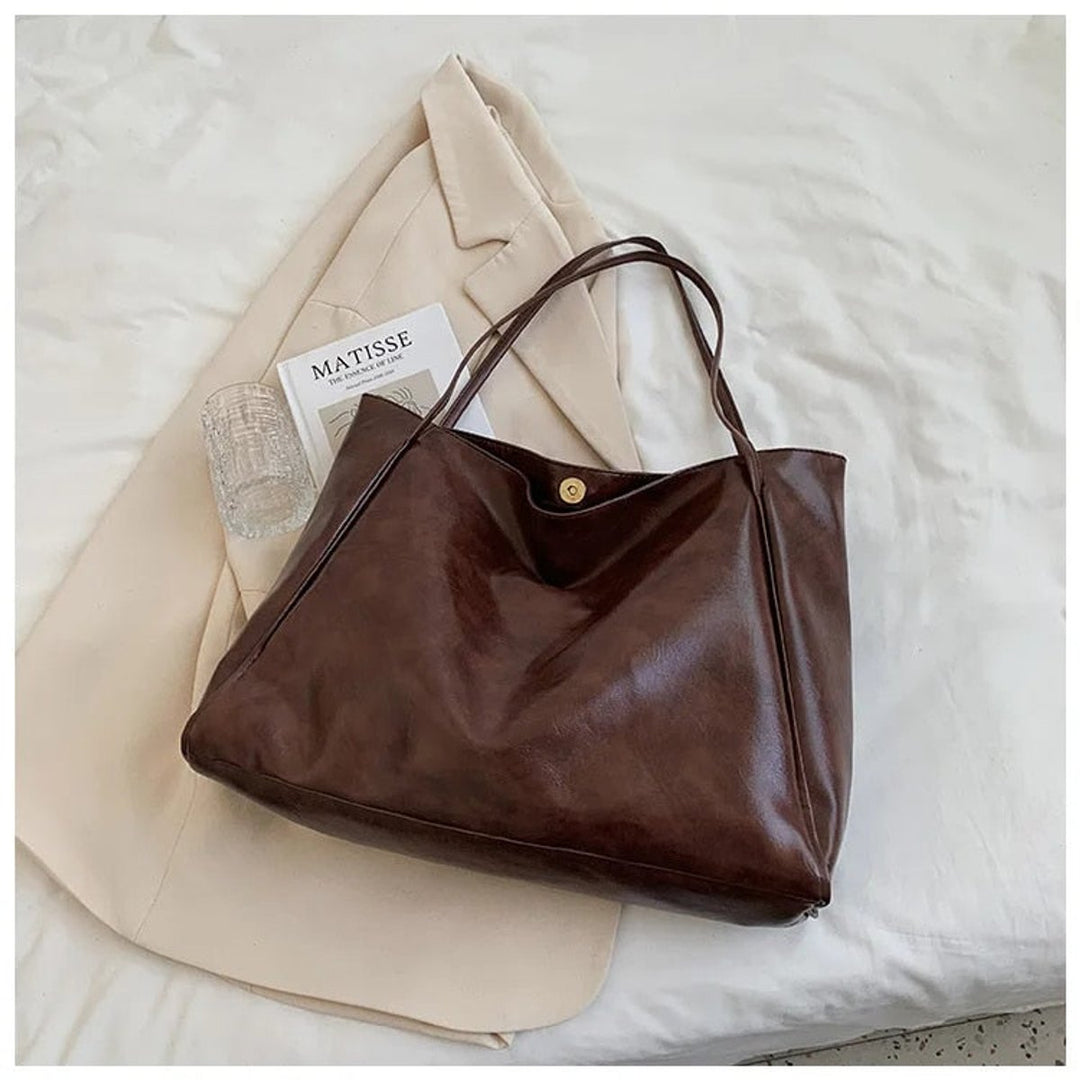 Retro PU-leren ruime tote bag dames schoudertas - Kaffee