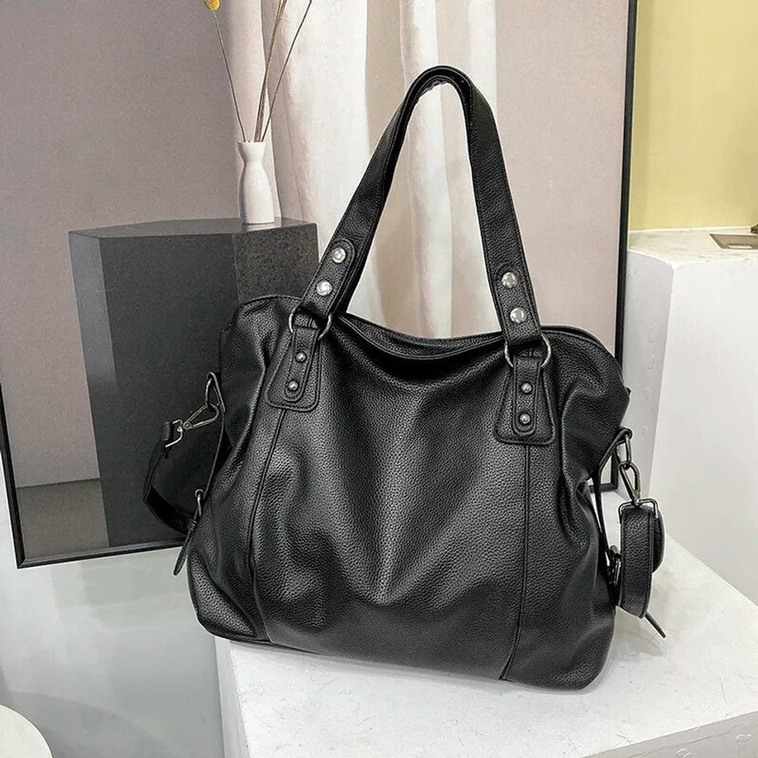 Ruime Zwarte Leren Tote Bag met Verstelbare Schouderband - Schwarz