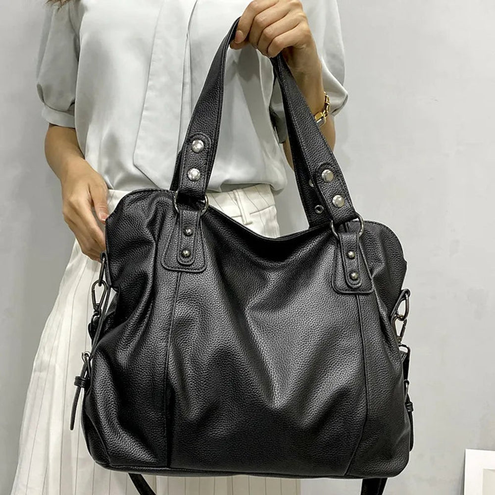 Ruime Zwarte Leren Tote Bag met Verstelbare Schouderband - Creme