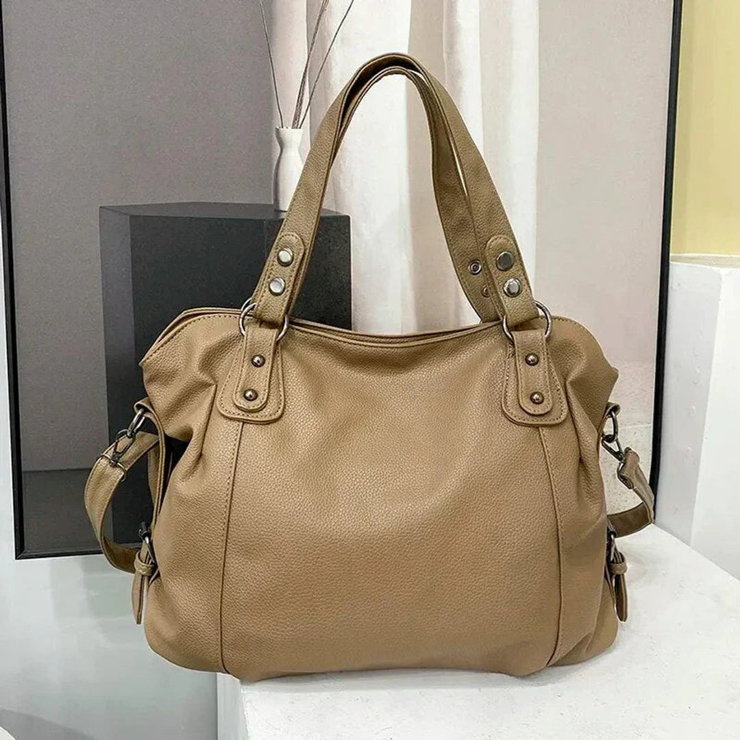Ruime Zwarte Leren Tote Bag met Verstelbare Schouderband - Beige