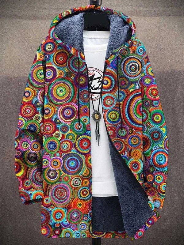 Unisex Fleece-Gevoerde Psychedelische Cirkelprint Hoodie Jas met Rits - Multicolor