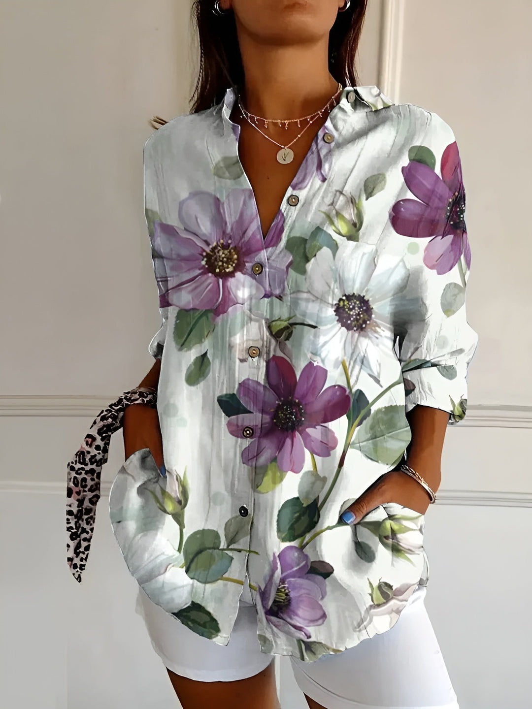 Abigail | Dames Bloemenprint Top met Knoopsluiting