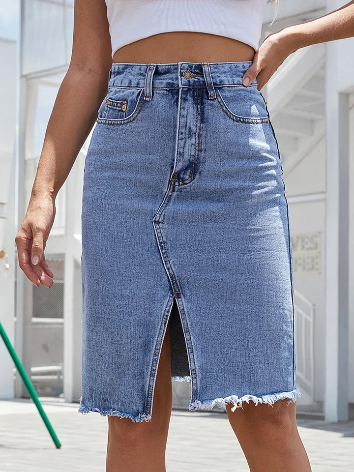 Nora | Dames Hoge Taille Midi Rok Met Voorsplit