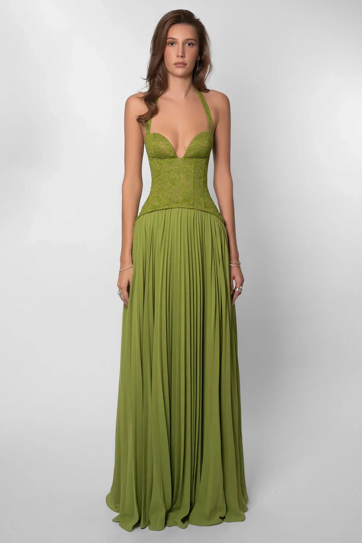 Sophia | Dames Halter Geplooide Maxi Jurk Voor Bruiloftsgasten