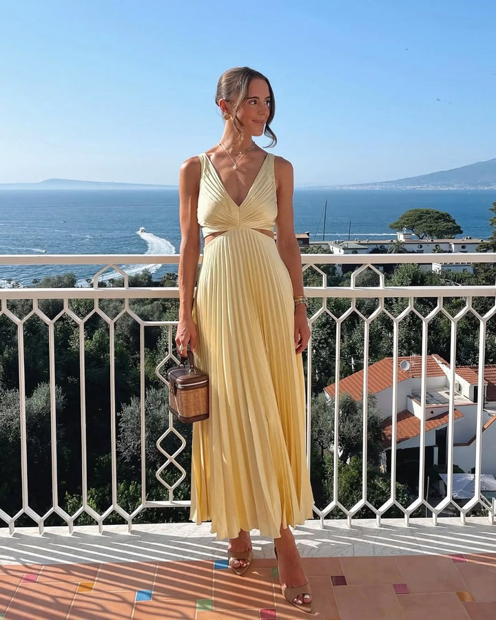 Jocelyn | Dames Geplooide Midi Jurk Met Cut-Out Taille Voor Bruiloftsgasten