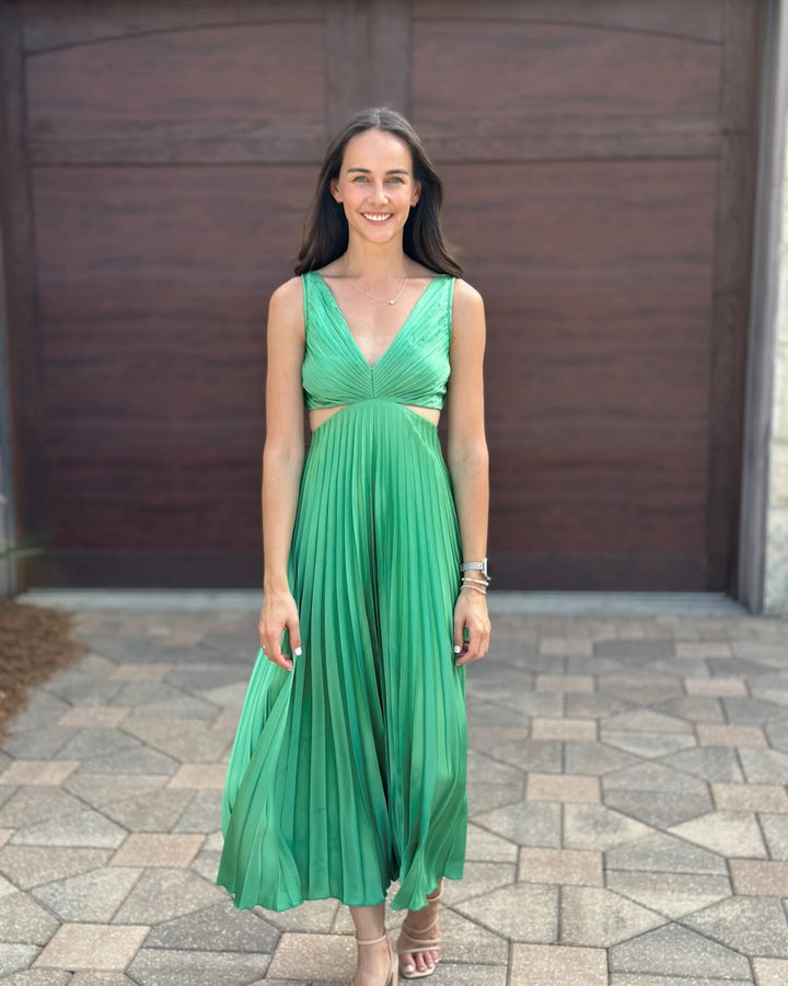 Jocelyn | Dames Geplooide Midi Jurk Met Cut-Out Taille Voor Bruiloftsgasten