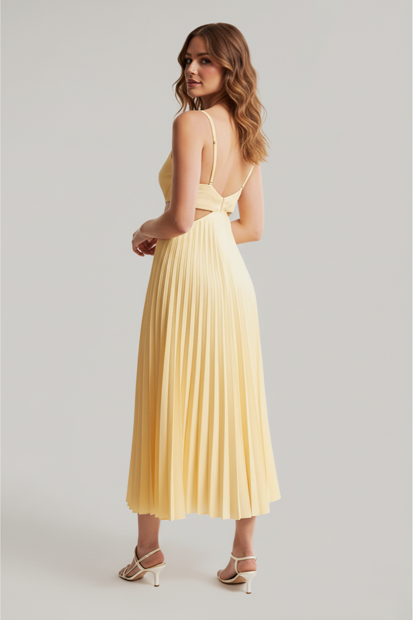 Jocelyn | Dames Geplooide Midi Jurk Met Cut-Out Taille Voor Bruiloftsgasten