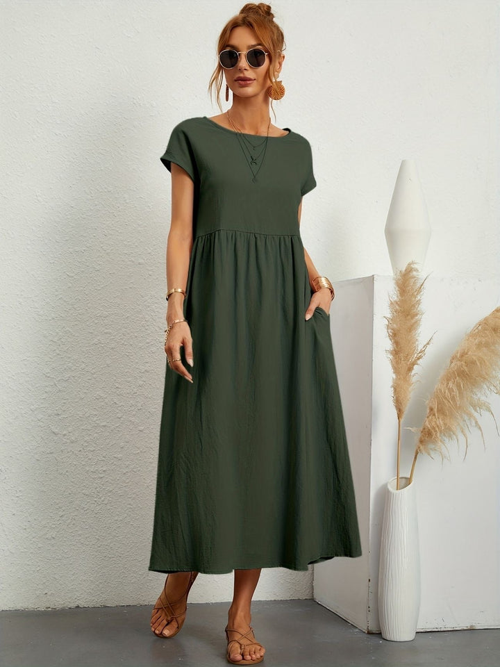 Dahlia | Dames Korte Mouwen Losse Midi Jurk Met Zakken
