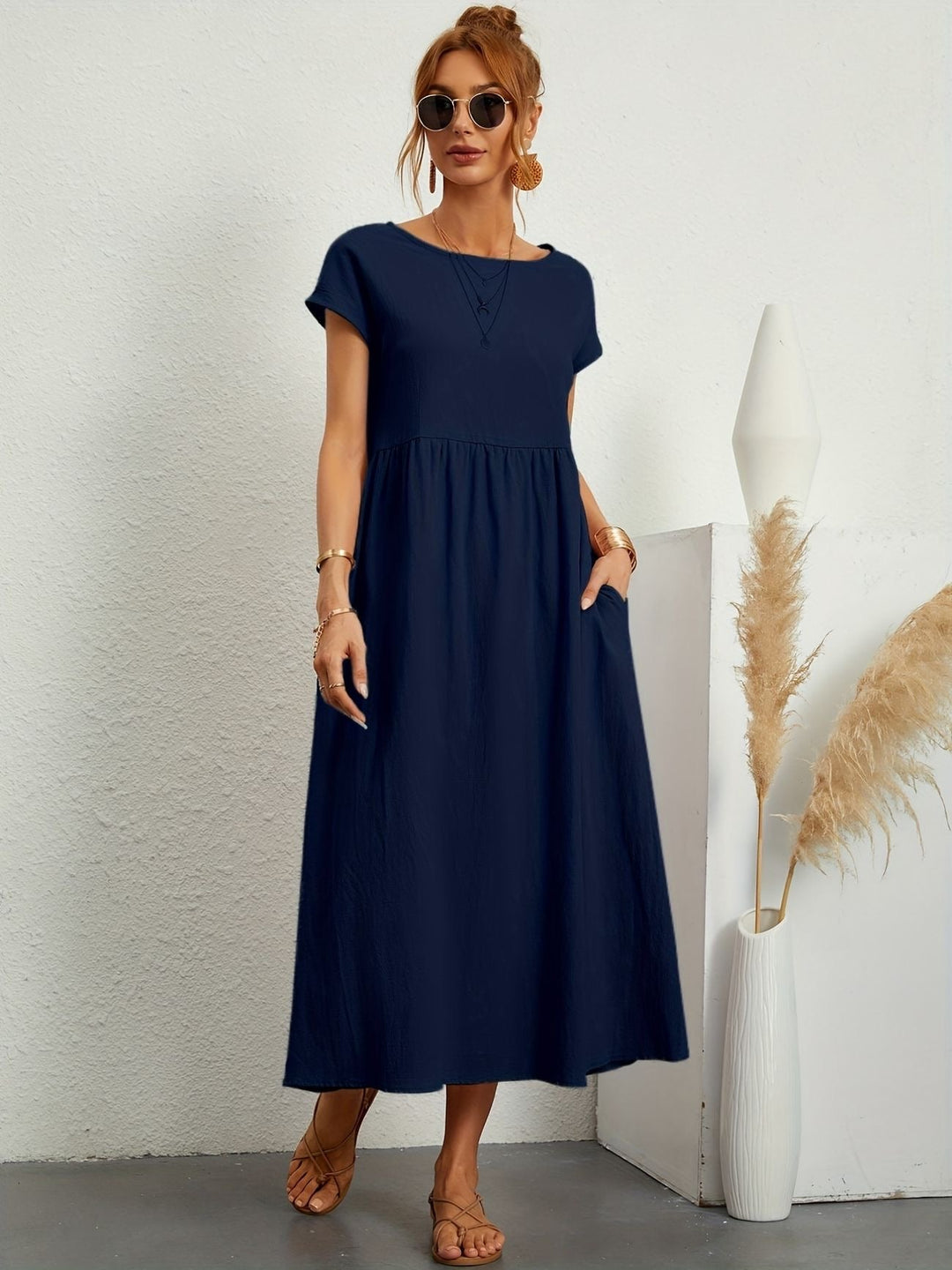 Dahlia | Dames Korte Mouwen Losse Midi Jurk Met Zakken