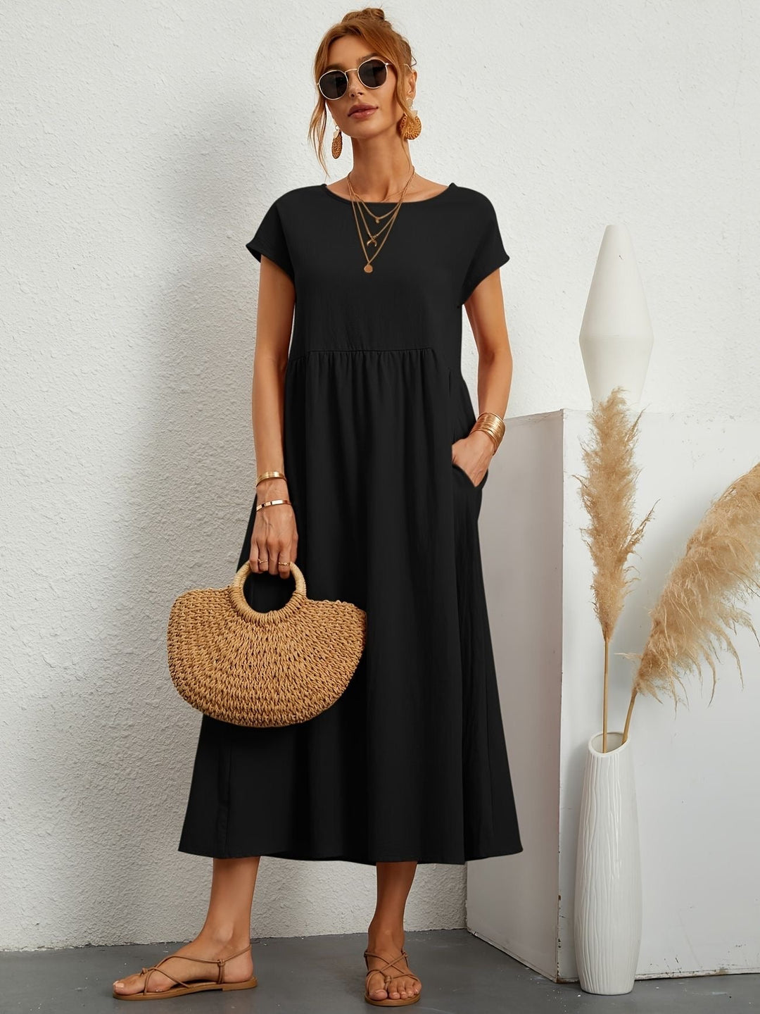 Dahlia | Dames Korte Mouwen Losse Midi Jurk Met Zakken