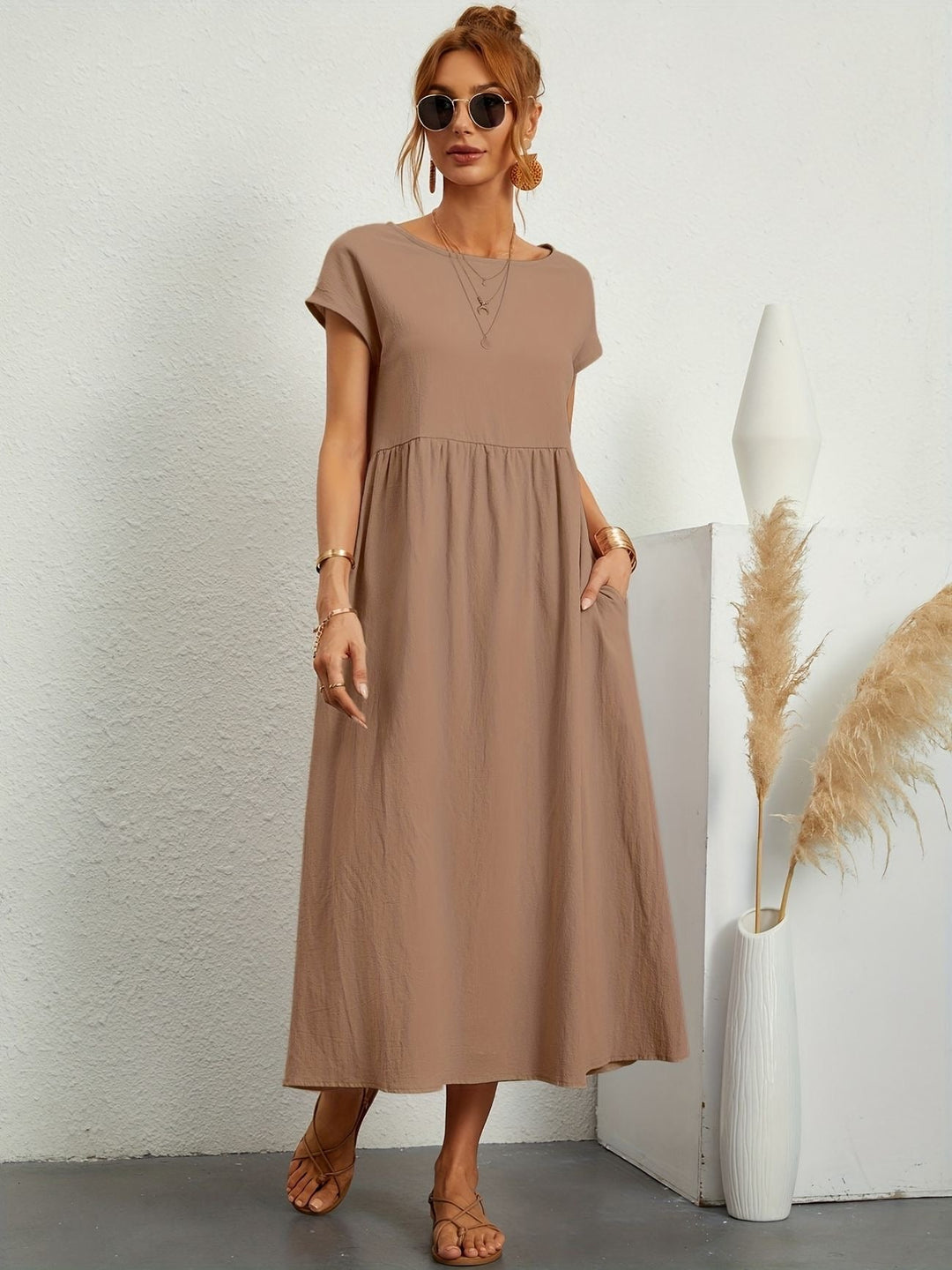 Dahlia | Dames Korte Mouwen Losse Midi Jurk Met Zakken