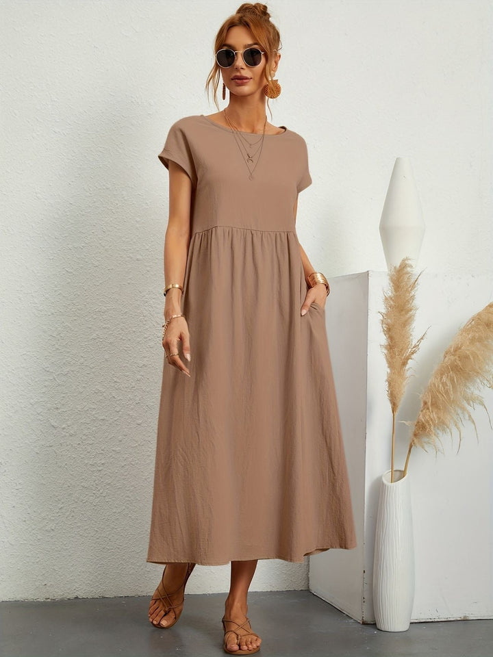 Dahlia | Dames Korte Mouwen Losse Midi Jurk Met Zakken