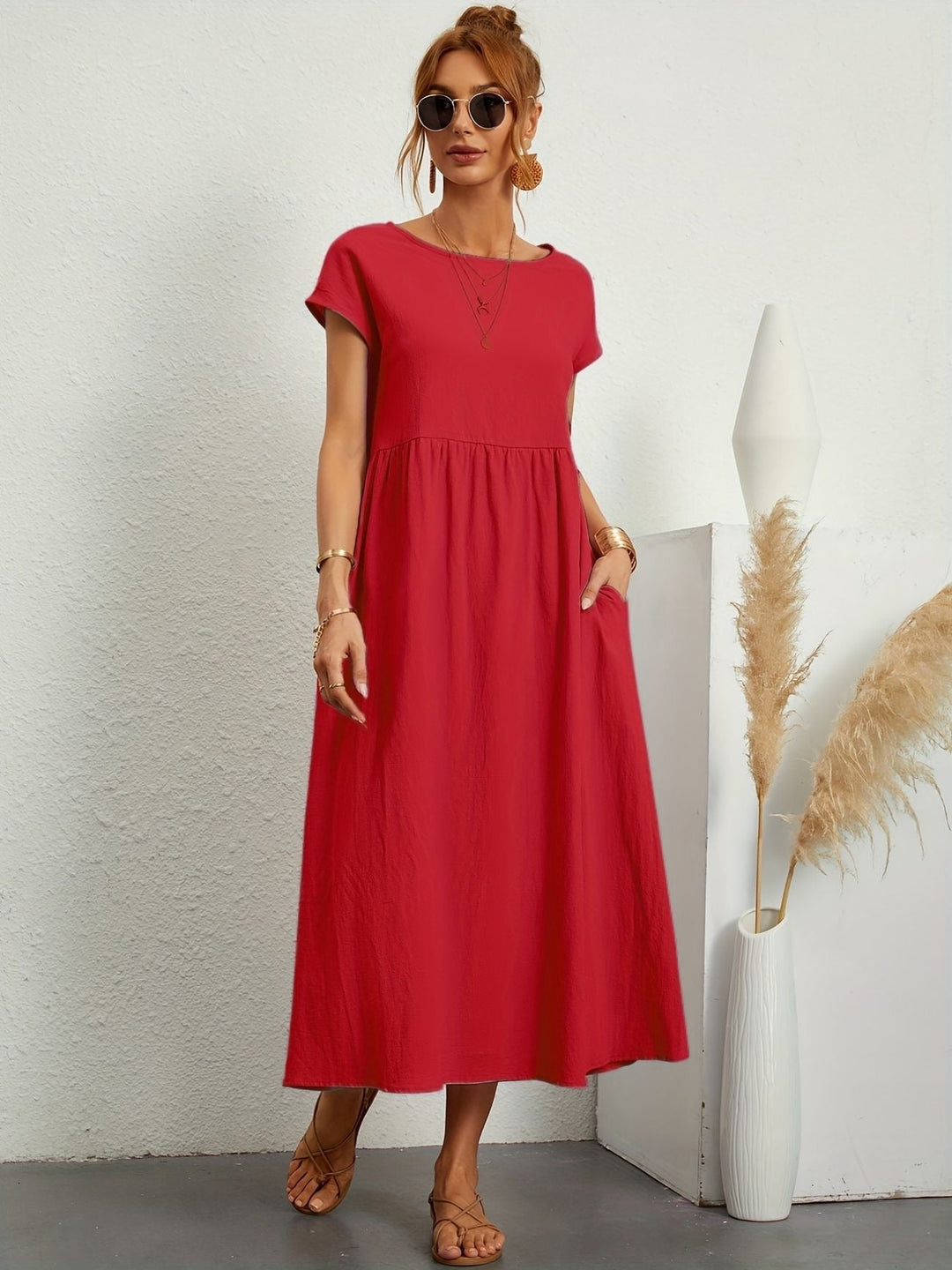Dahlia | Dames Korte Mouwen Losse Midi Jurk Met Zakken