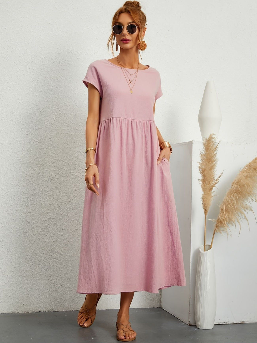 Dahlia | Dames Korte Mouwen Losse Midi Jurk Met Zakken