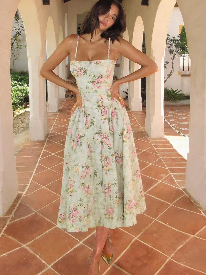 Abigail | Dames Bloemen Bandjes Midi Jurk Voor Bruiloftsgasten