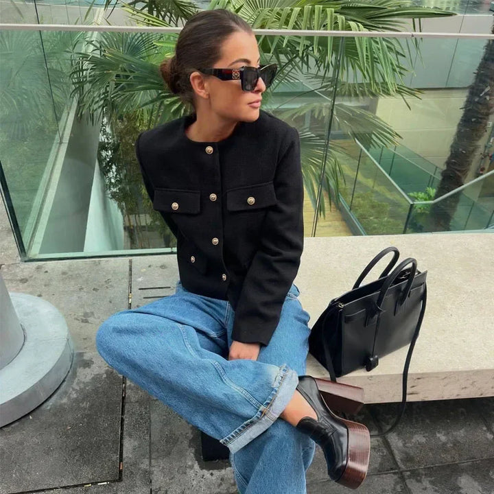 Jamie | Dames Cropped Bomberjas Met Knoopsluiting Aan De Voorkant