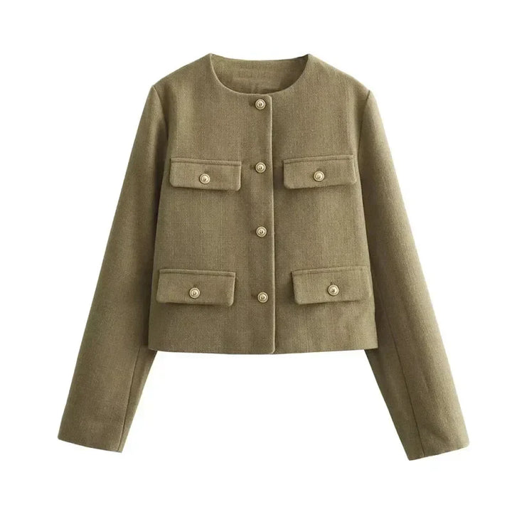 Jamie | Dames Cropped Bomberjas Met Knoopsluiting Aan De Voorkant