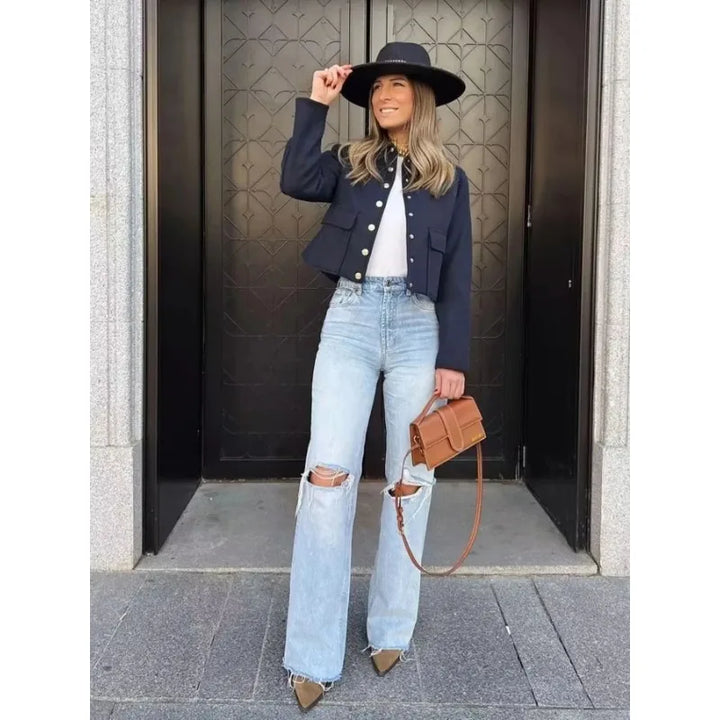 Sienna | Dames Cropped Bomberjas Met Knoopsluiting Aan De Voorkant