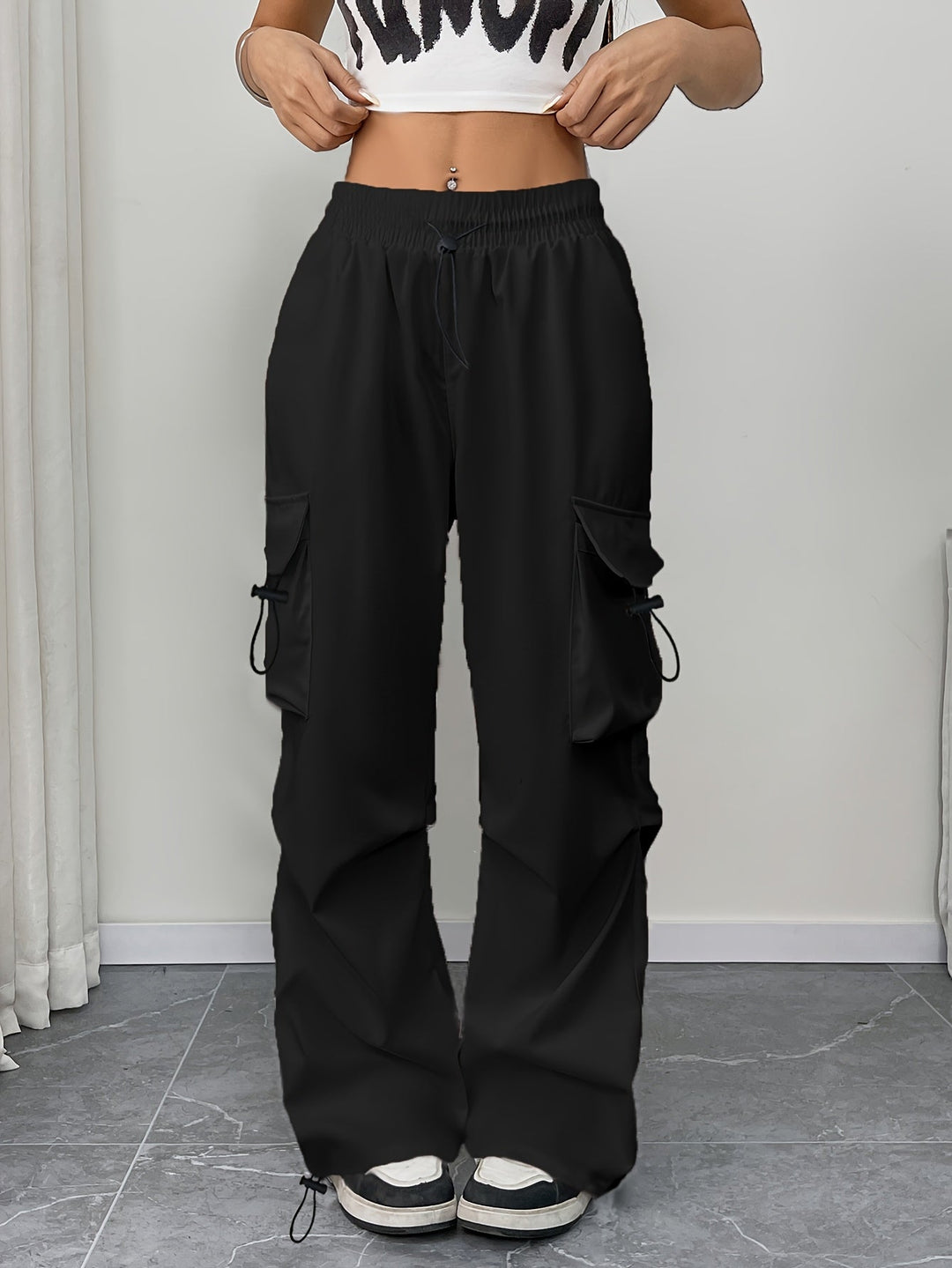Jocelyn | Dames Cargo Broek Met Wijde Pijpen, Zakken En Trekkoord