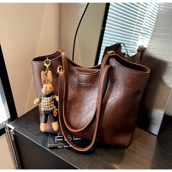 Women's Soft Vegan Leather Spacious Shoulder Tote Bag Plush Charm